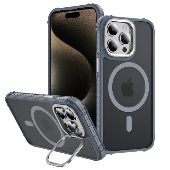 ELEHOLD Case for iPhone 15 Pro Max, Matte Skin Feeling Magnetic Case with Adjustable Camera Stand,Gray