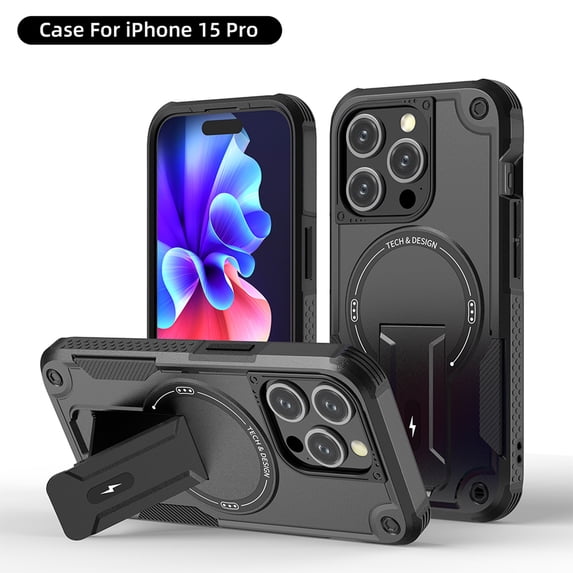 ELEHOLD Case for iPhone 15 Pro Max, Military Grade Drop Protection Magnetic Case Built in Kickstand Compatible with MagSafe Accessory,Black