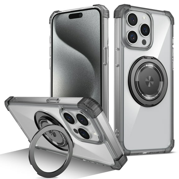 ELEHOLD Case for iPhone 15 Pro Max, Military Grade Shockproof Clear Case with 360 Rotatable Magnetic Stand Ring Holder,Black
