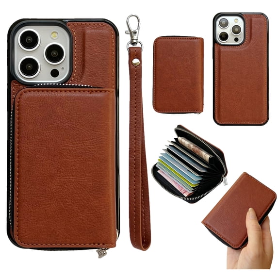ELEHOLD Case for iPhone 15 Pro Max, PU Leather Zipper Detachable Wallet Case with Card Holder & Strap, Compatible with MagSafe Accessories,Brown