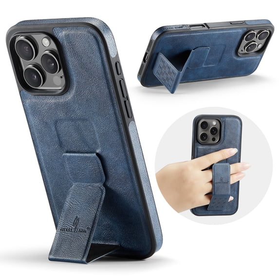 ELEHOLD Case for iPhone 15 Pro Max, Premium Leather Case with Kickstand and Grip Strap,Blue