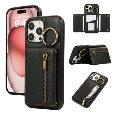 ELEHOLD Case for iPhone 15 Pro Max, Zipper Leather Wallet Crossbody Case with Detachable Ring Kickstand & Card Slots,Black