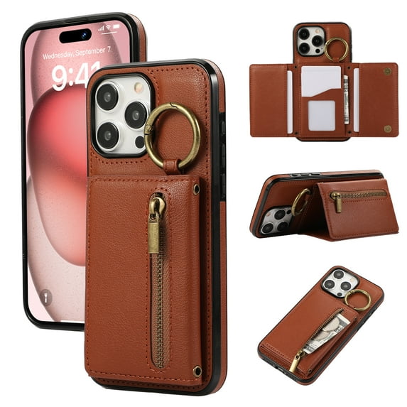 ELEHOLD Case for iPhone 15 Pro Max, Zipper Leather Wallet Crossbody Case with Detachable Ring Kickstand & Card Slots,Coffee