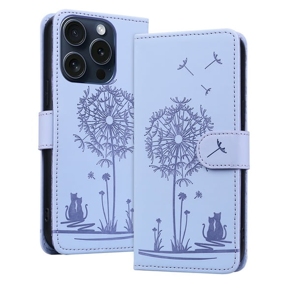 ELEHOLD Case for iPhone 15 Pro, Premium PU Leather Wallet Flip Case Folio Cover with Card Holder Kickstand,Lightpurple