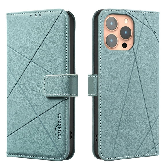 ELEHOLD Case for iPhone 15 Pro, RFID Blocking Leather Wallet Case, Flip Cover with Card Slots & Stand,Green