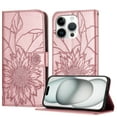 thumbnail image 1 of ELEHOLD Case for iPhone 15 Pro, Sunflower Embossed Leather Wallet Case with Magnetic Closure & Kickstand,Rosegold, 1 of 6