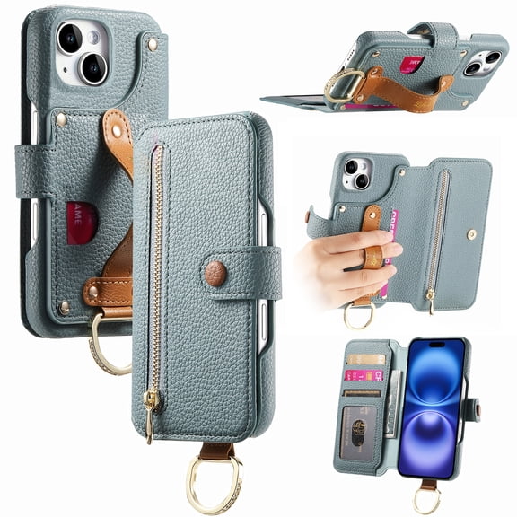 ELEHOLD Case for iPhone 15, RFID Blocking Zipper Leather Wallet Stand Case with Card Slot & Wrist Strap & Ring Holder,Blue