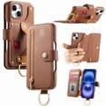 thumbnail image 1 of ELEHOLD Case for iPhone 15, RFID Blocking Zipper Leather Wallet Stand Case with Card Slot & Wrist Strap & Ring Holder,Brown, 1 of 10