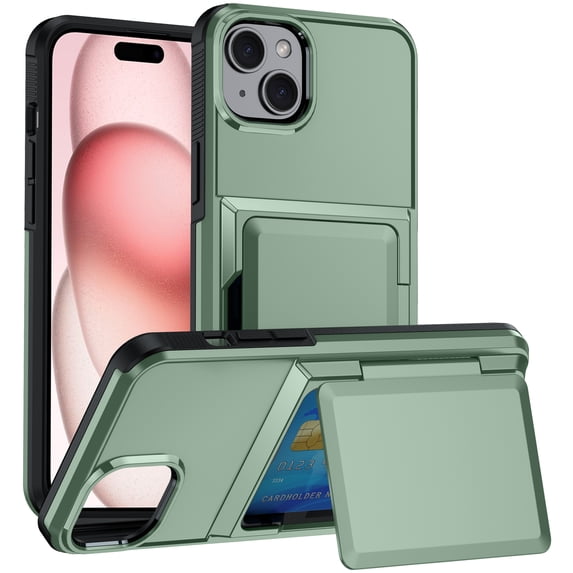 ELEHOLD Case for iPhone 15, Shockproof Heavy Duty Wallet Case with Hidden Card Holder for Women & Men,Lightgreen