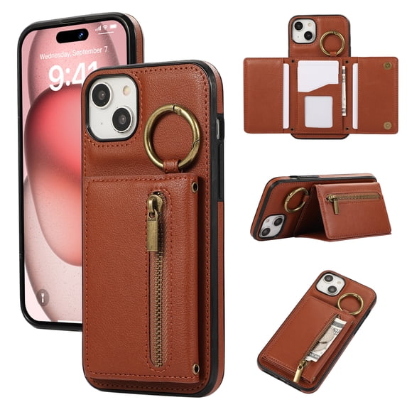 ELEHOLD Case for iPhone 15, Zipper Leather Wallet Crossbody Case with Detachable Ring Kickstand & Card Slots,Coffee