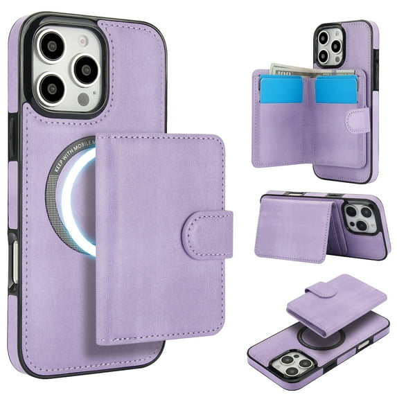 ELEHOLD Case for iPhone 16, 2-in-1 Magnetic Shockproof Leather Wallet Flip Case Cover, Detachable Card Holder with Stand,Purple