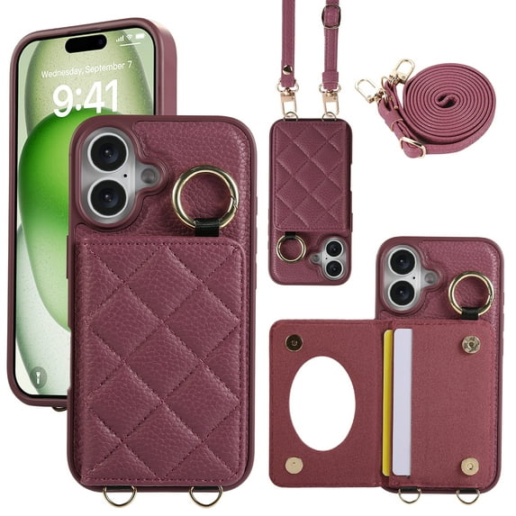 ELEHOLD Case for iPhone 16,Detachable Lanyard Crossbody Leather Wallet Case with Ring Holder & Mirror,Winered