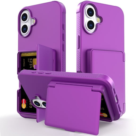 ELEHOLD Case for iPhone 16, Heavy-Duty Plastic Shockproof Wallet Case Stand Cover with Card Slots,Darkpurple