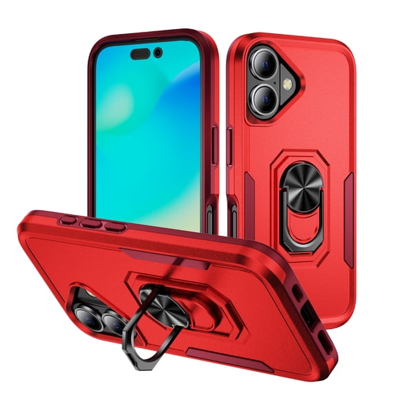 ELEHOLD Case for iPhone 16, Heavy Duty Shockproof Full Body Case with Built in Metal Ring Holder Kickstand + Screen Protector,D
