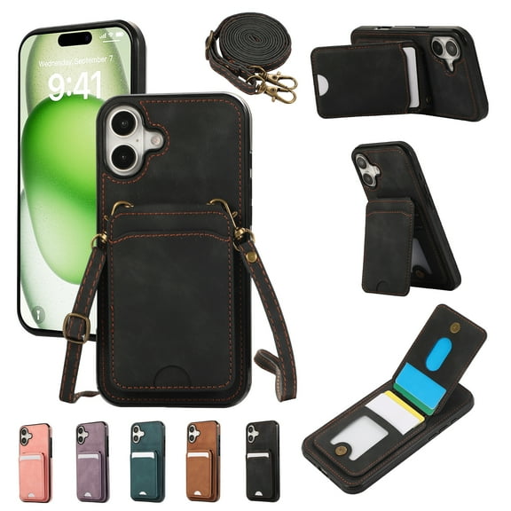 ELEHOLD Case for iPhone 16, Magnetic Clasp Durable Shockproof Leather Wallet Case with Card Holder & Kickstand,Black