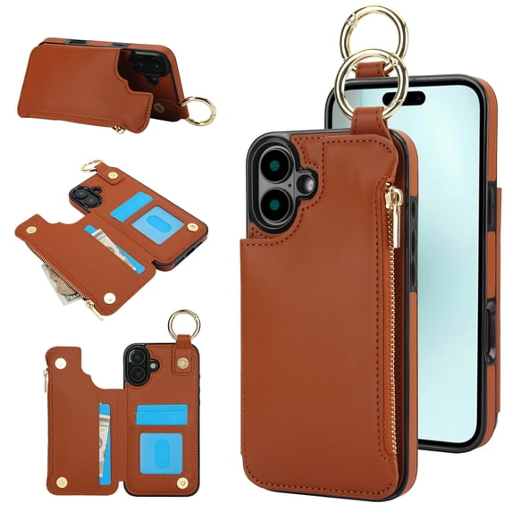 ELEHOLD Case for iPhone 16, Magnetic Closure Kickstand Zipper Wallet Case with 3 Card Slots & Ring Holder,Shockproof RFID Blocking Phone Case,Brown