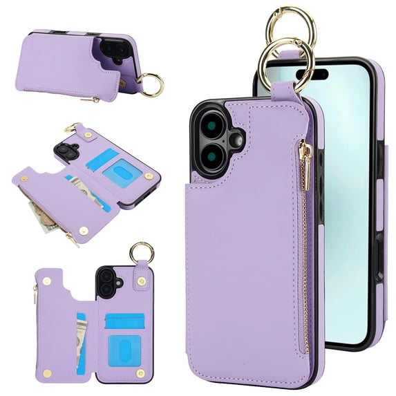 ELEHOLD Case for iPhone 16, Magnetic Closure Kickstand Zipper Wallet Case with 3 Card Slots & Ring Holder,Shockproof RFID Blocking Phone Case,Violet