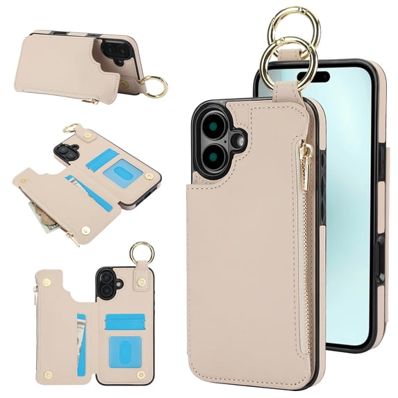 ELEHOLD Case for iPhone 16, Magnetic Closure Kickstand Zipper Wallet Case with 3 Card Slots & Ring Holder,Shockproof RFID Blocking Phone Case,White