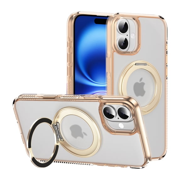 ELEHOLD Case for iPhone 16, Magnetic Shockproof Transparent Case with 360° Ring Kickstand,Gold