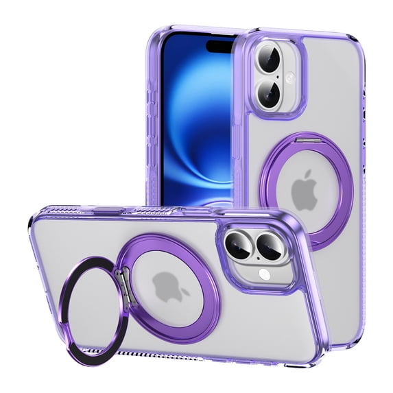 ELEHOLD Case for iPhone 16, Magnetic Shockproof Transparent Case with 360° Ring Kickstand,Purple