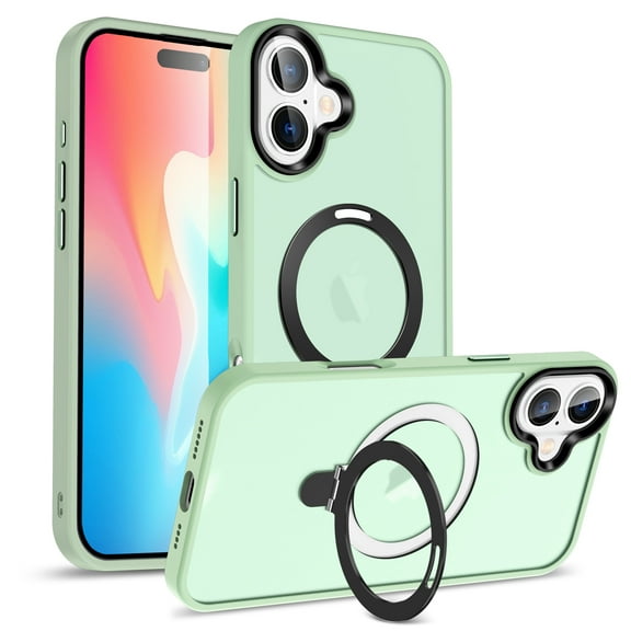 ELEHOLD Case for iPhone 16, Military-Grade Translucent Case with Magnetic O-Ring Stand [Compatible with MagSafe Accessory],Lightgreen