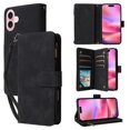 thumbnail image 1 of ELEHOLD Case for iPhone 16, PU Leather Zipper Wallet Flip Folio Case with Card Holder &  Wrist Strap &  Stand,Black, 1 of 6