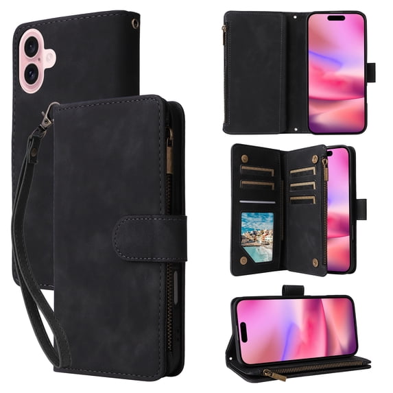ELEHOLD Case for iPhone 16, PU Leather Zipper Wallet Flip Folio Case with Card Holder & Wrist Strap & Stand,Black