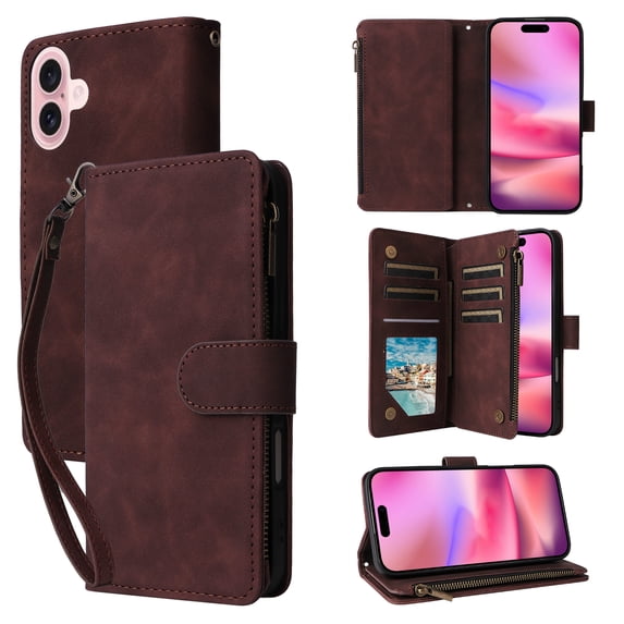 ELEHOLD Case for iPhone 16, PU Leather Zipper Wallet Flip Folio Case with Card Holder & Wrist Strap & Stand,Coffee