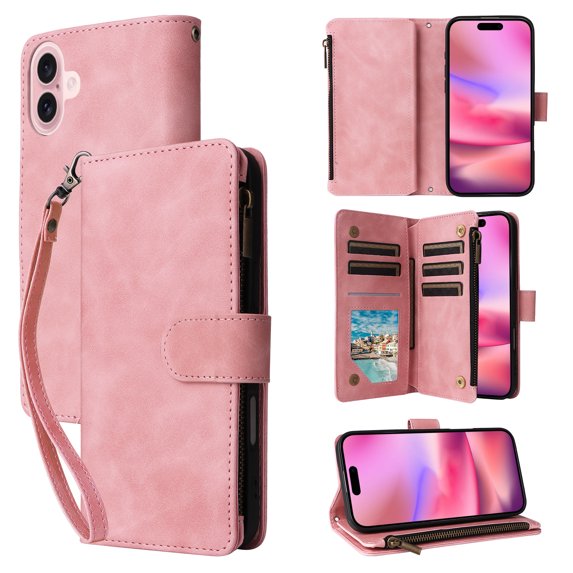 ELEHOLD Case for iPhone 16, PU Leather Zipper Wallet Flip Folio Case with Card Holder & Wrist Strap & Stand,Pink
