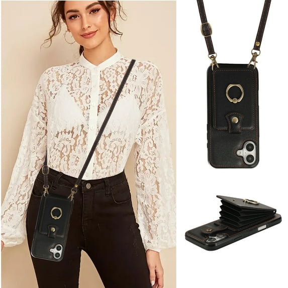 ELEHOLD Case for iPhone 16 Plus, Crossbody RFID Leather Wallet Phone Case with Ring Stand,Black