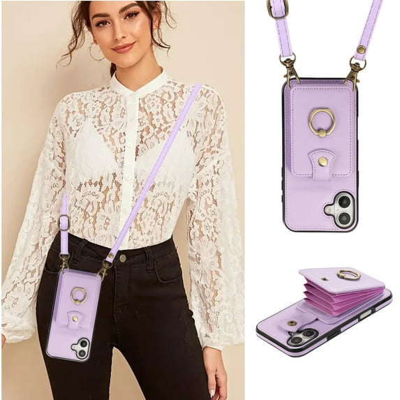 ELEHOLD Case for iPhone 16 Plus, Crossbody RFID Leather Wallet Phone Case with Ring Stand,Purple
