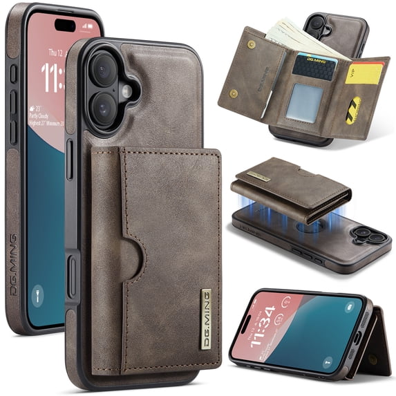 ELEHOLD Case for iPhone 16 Plus, Magnetic 2 in 1 Detachable Leather Wallet Case with Card Holder & Stand,Coffee