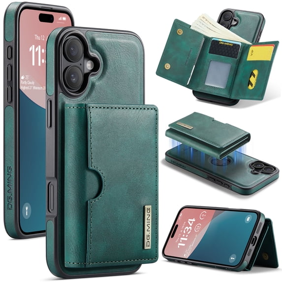 ELEHOLD Case for iPhone 16 Plus, Magnetic 2 in 1 Detachable Leather Wallet Case with Card Holder & Stand,Green