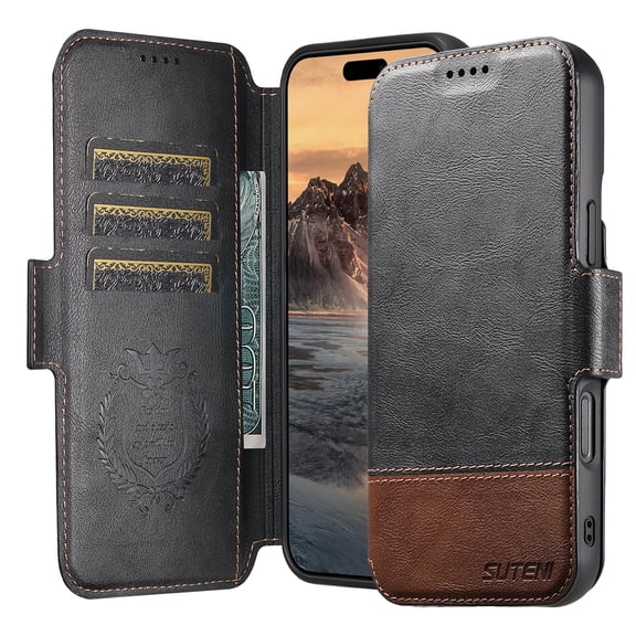 ELEHOLD Case for iPhone 16 Plus, Magnetic Leather Wallet Phone Case with Stand,Black