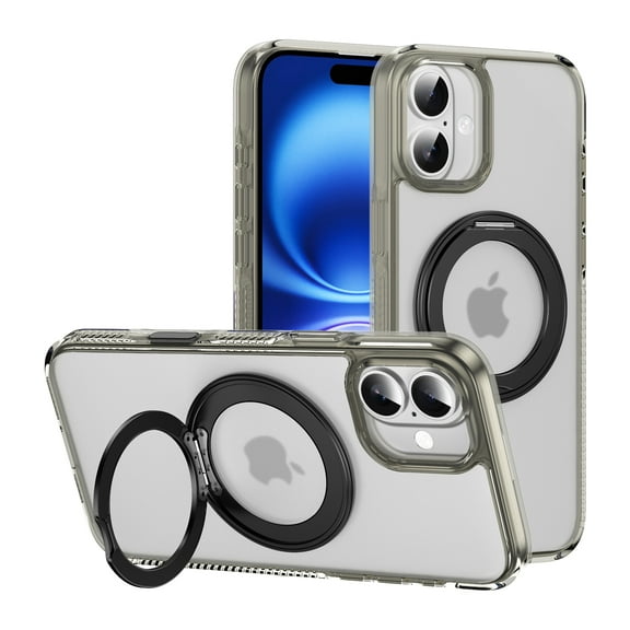 ELEHOLD Case for iPhone 16 Plus, Magnetic Shockproof Transparent Case with 360° Ring Kickstand,Gray