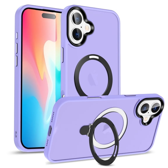 ELEHOLD Case for iPhone 16 Plus, Military-Grade Translucent Case with Magnetic O-Ring Stand [Compatible with MagSafe Accessory],Lightpurple