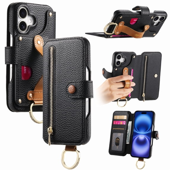 ELEHOLD Case for iPhone 16 Plus, RFID Blocking Zipper Leather Wallet Stand Case with Card Slot & Wrist Strap & Ring Holder,Black