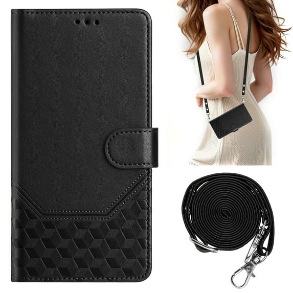 ELEHOLD Case for iPhone 16 Plus, RFID Leather Wallet Stand Case with Long Shoulder & Wrist Strap,Wireless Charging,Black