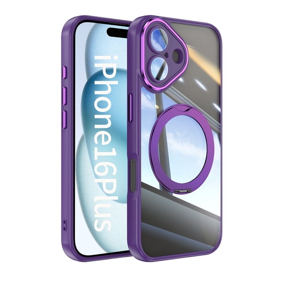 ELEHOLD Case for iPhone 16 Plus, Shockproof Anti-Scratch Full Camera Protector Case with 360° Ring Holder Stand,Darkpurple