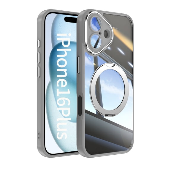 ELEHOLD Case for iPhone 16 Plus, Shockproof Anti-Scratch Full Camera Protector Case with 360° Ring Holder Stand,Gray