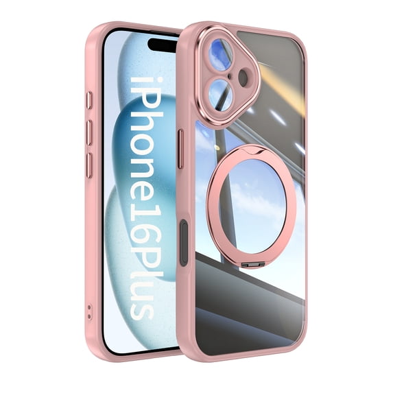 ELEHOLD Case for iPhone 16 Plus, Shockproof Anti-Scratch Full Camera Protector Case with 360° Ring Holder Stand,Pink