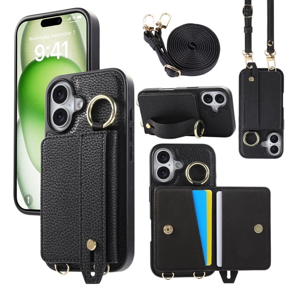 ELEHOLD Case for iPhone 16 Plus, Shockproof PU Leather Crossbody Wallet Case with Wrist Strap & Kickstand & Card Holder,Black
