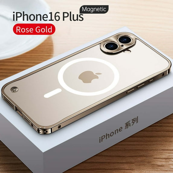 ELEHOLD Case for iPhone 16 Plus, Slim Matte Metal Frame Magnetic Case with Camera Lens Protection,Gold