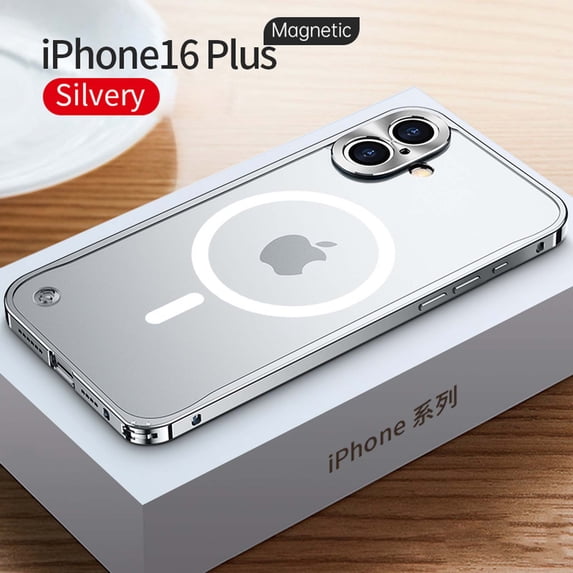 ELEHOLD Case for iPhone 16 Plus, Slim Matte Metal Frame Magnetic Case with Camera Lens Protection,Silver