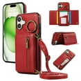 thumbnail image 1 of ELEHOLD Case for iPhone 16 Plus, Zipper Leather Wallet Crossbody Case with Detachable Ring Kickstand & Card Slots,Red, 1 of 10