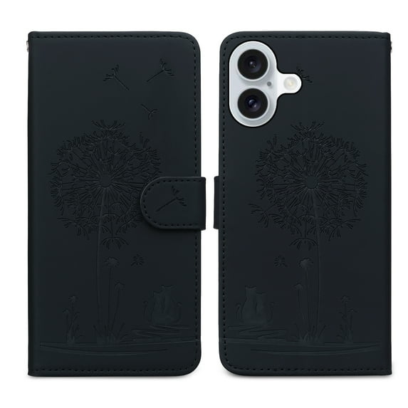 ELEHOLD Case for iPhone 16, Premium PU Leather Wallet Flip Case Folio Cover with Card Holder Kickstand,Black