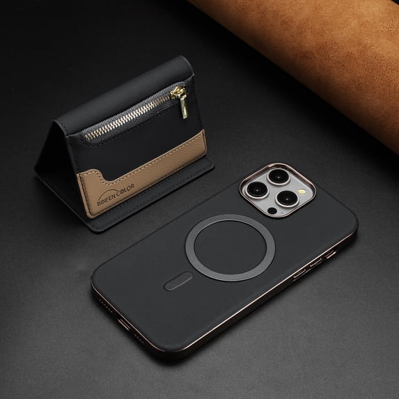 ELEHOLD Case for iPhone 16 Pro, 2-in-1 Detachable Magnetic Zipper Leather Wallet Case with Card Holder, RFID Blocking Folio Flip Cover,Black