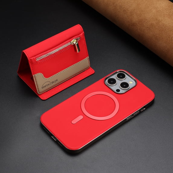 ELEHOLD Case for iPhone 16 Pro, 2-in-1 Detachable Magnetic Zipper Leather Wallet Case with Card Holder, RFID Blocking Folio Flip Cover,Red