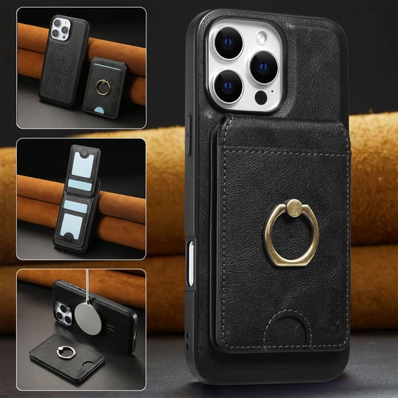 ELEHOLD Case for iPhone 16 Pro, 2-in-1 Magetic Detachable Leather Wallet Case with Card Holders & Ring Hold,Black
