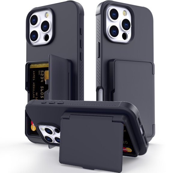 ELEHOLD Case for iPhone 16 Pro, Heavy-Duty Plastic Shockproof Wallet Case Stand Cover with Card Slots,Black